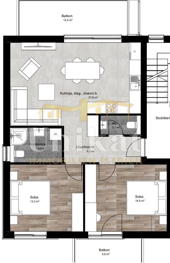 Appartamento con due camere da letto e due balconi